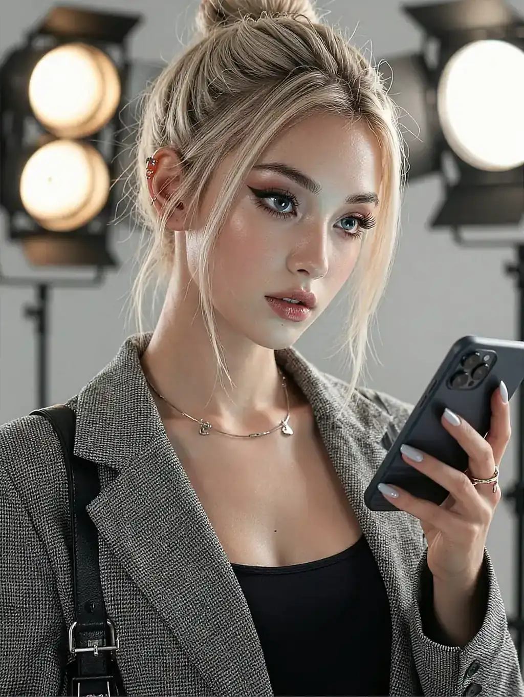 Selected frame of AI girlfriend photos: a fictional character holding a phone between two studio softboxes